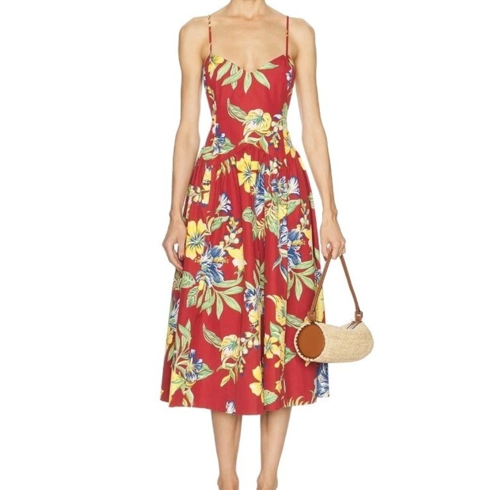 Polo Ralph Lauren Tropical Print Poplin Midi Dress Red Size 8 NWT $498